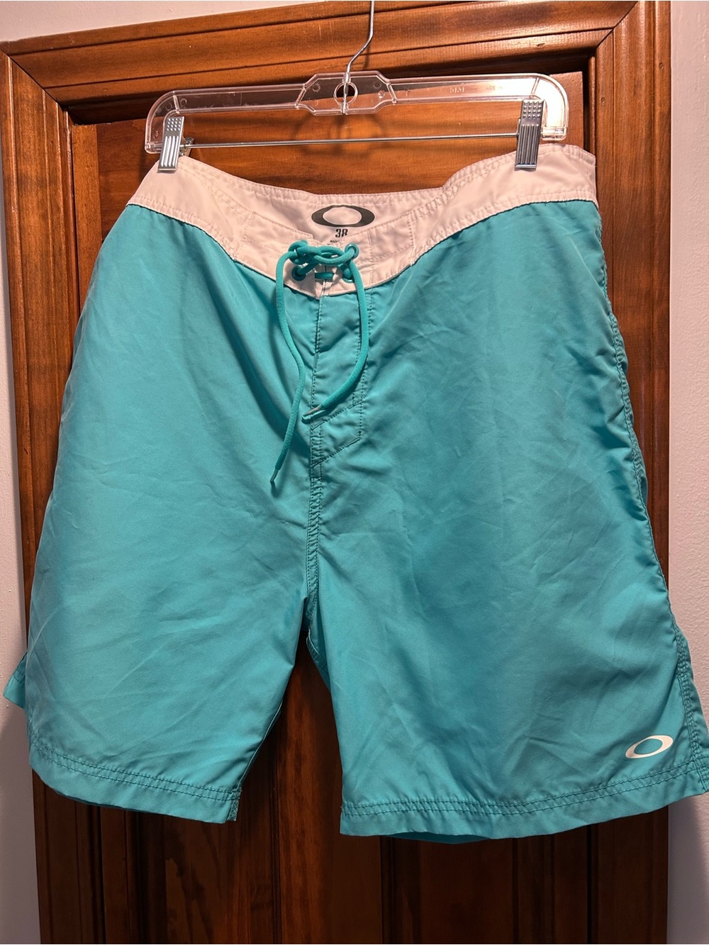 Oakley Men's Teal Swim Board Shorts with Cream Waistband